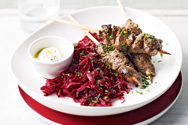 Sumac & yoghurt lamb kebabs with raw beetroot salad