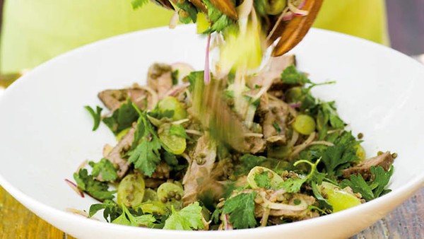 Sumac beef salad with lentils, grapes and parsley