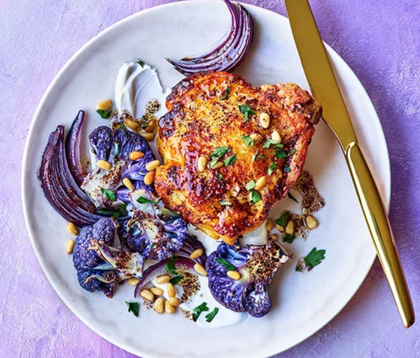 Sumac chicken thighs with purple cauliflower