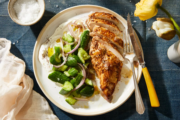Sumac chicken with yogurty cucumber salad