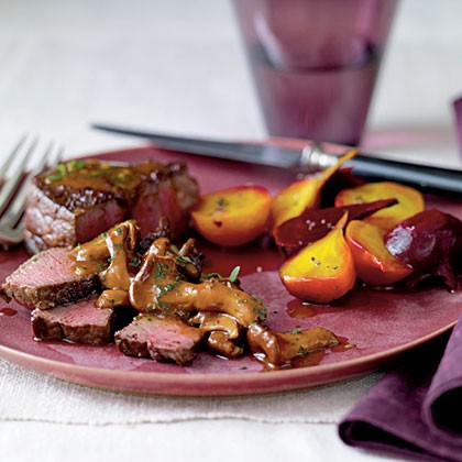 Sumac-dusted bison with chanterelle sauce and beets