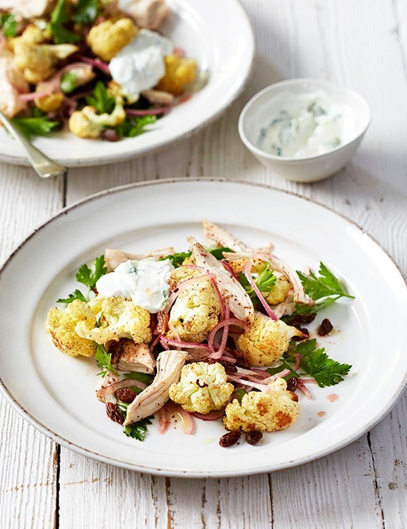 Sumac roast cauliflower & chicken salad with mint yogurt