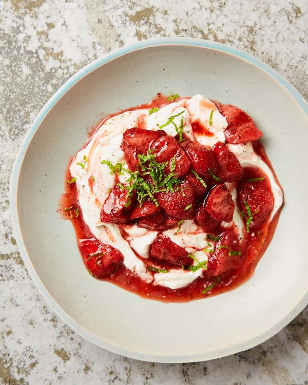 Sumac-roast strawberries with strained yoghurt cream