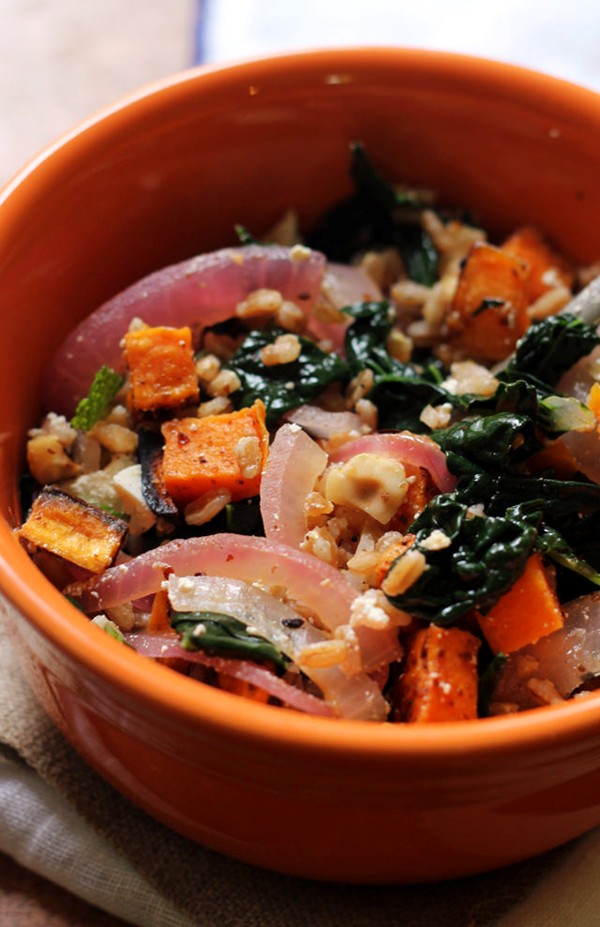 Sumac-roasted sweet potato and farro salad