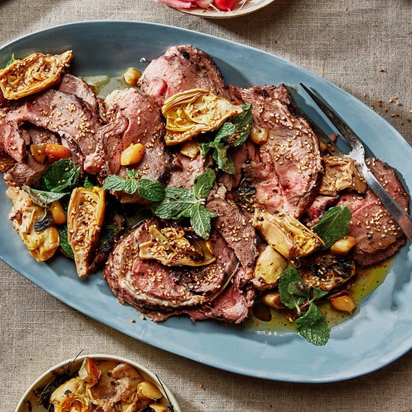 Sumac-rubbed lamb with minty artichokes