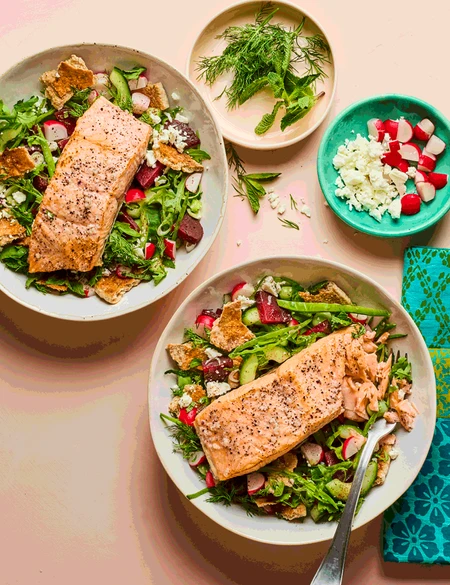 Sumac salmon with spring fattoush