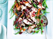 Sumac spice crusted chicken and green bean salad with spiced yogurt dressing