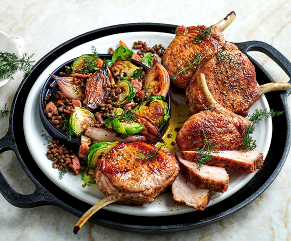 Sumac-spiced pork cutlets with Brussels sprouts and lentils