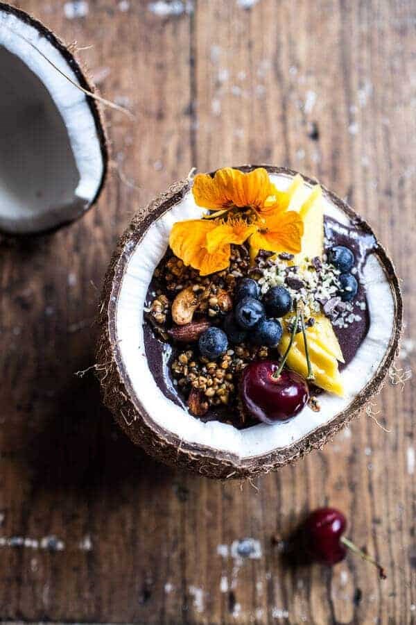 Summer acai bowl with big cluster toasted buckwheat granola