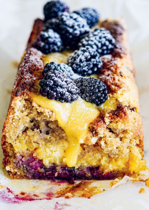 Summer almond loaf cake with lemon curd, ricotta and blackberries