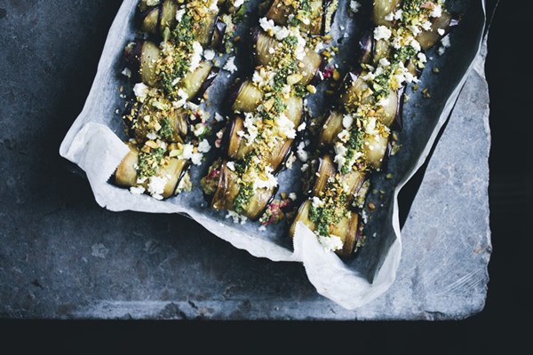 Summer aubergine rolls stuffed with quinoa, rhubarb & asparagus 
