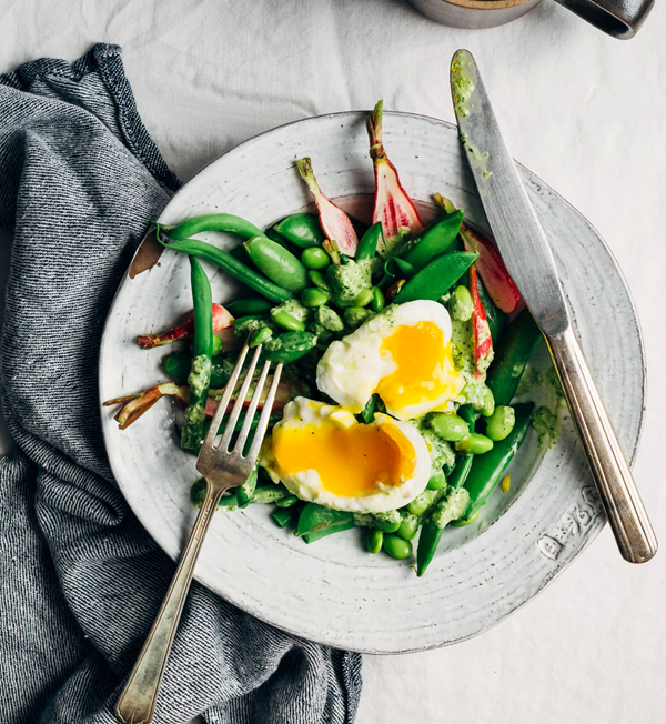 Summer bean breakfast salad with soft-boiled eggs and green goddess dressing