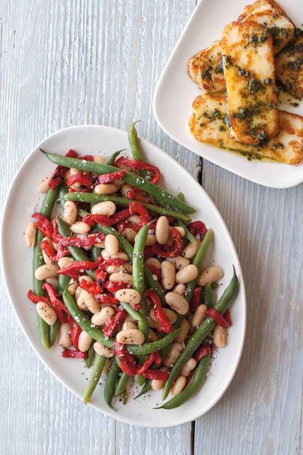 Summer bean salad with fried haloumi and pesto