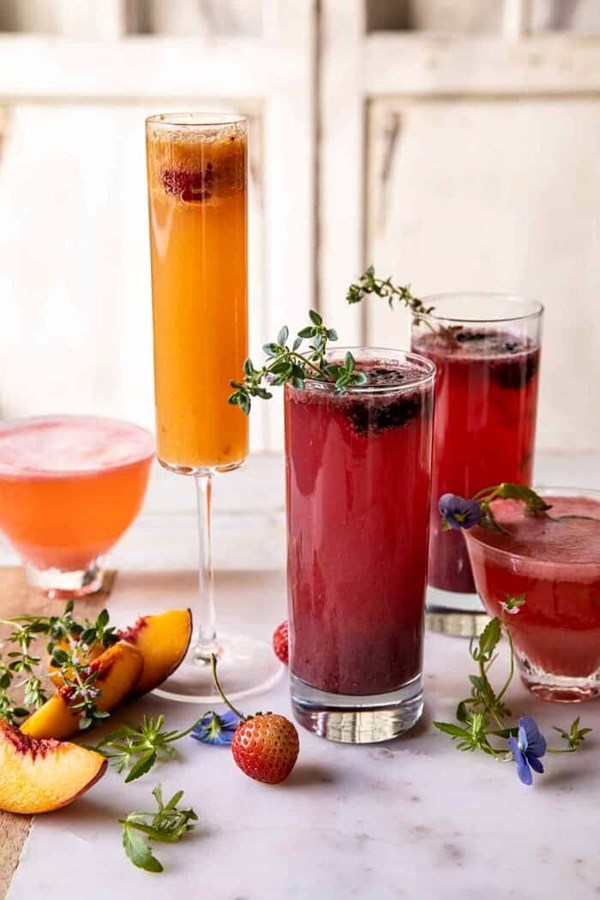 Summer Bellinis 3 ways: blackberry thyme / raspberry peach / strawberry lavender