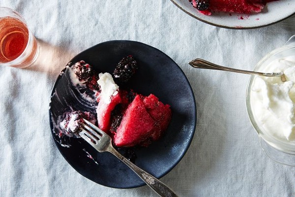 Summer berry pudding with rose cream