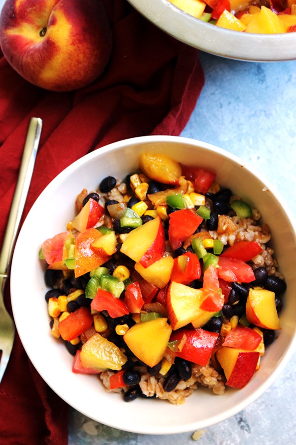 Summer bliss farro bowls with peach jalapeno salsa