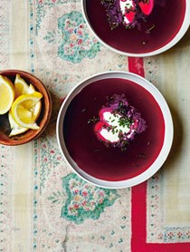 Summer borscht with sour cream and chives