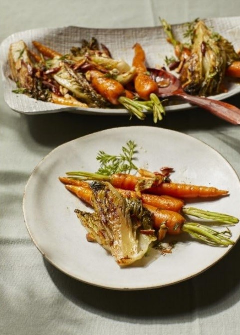 Summer carrots with little gem and salted almonds