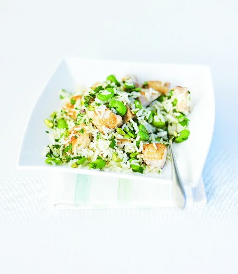 Summer chicken pilaf with beans, nuts and herbs