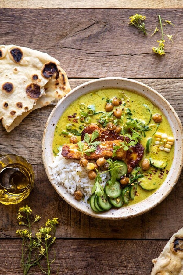 Summer coconut chickpea curry with rice and fried halloumi