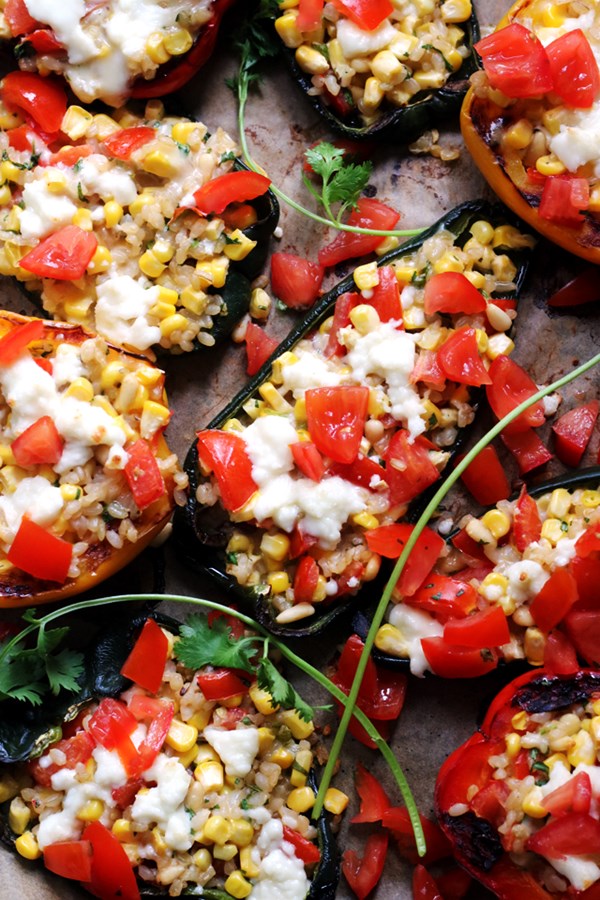 Summer corn, Monterey Jack, and brown rice stuffed poblano peppers