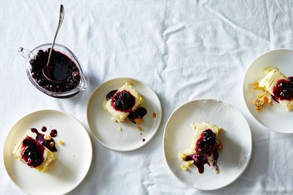 Summer corn semifreddo with rosemary shortbread crust and blueberry compote