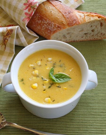 Summer corn soup with fresh herbs