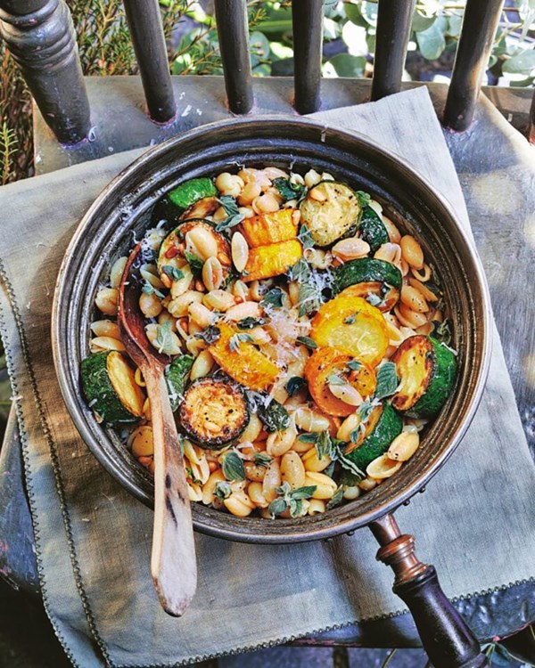 Summer courgettes with malloreddus, Parmesan and oregano 