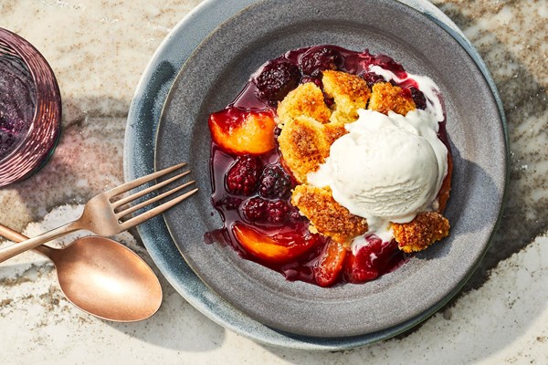 Summer fruit cobbler with vanilla-mascarpone biscuits