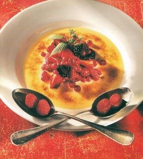 Summer fruit gratin with apricot Stilton sauce