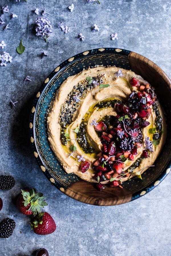 Summer fruit salsa and miso hummus