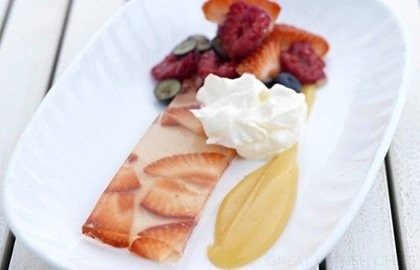 Summer fruits in elderflower jelly with elderflower curd