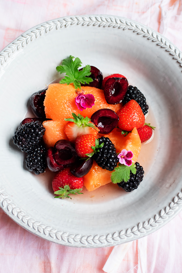Summer fruits with geranium syrup