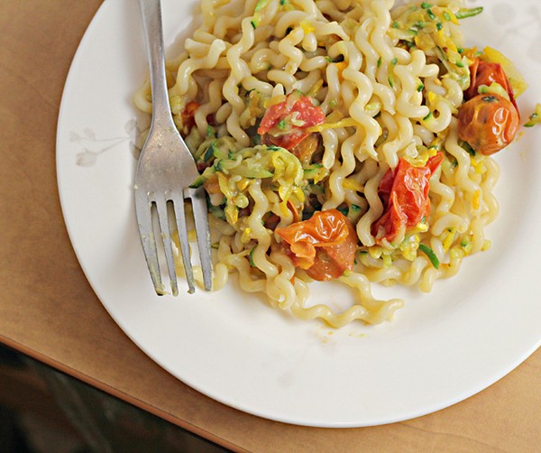 Summer fusilli with zucchini and heirloom tomatoes