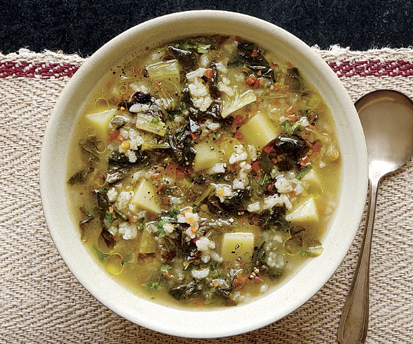 Summer greens and rice soup