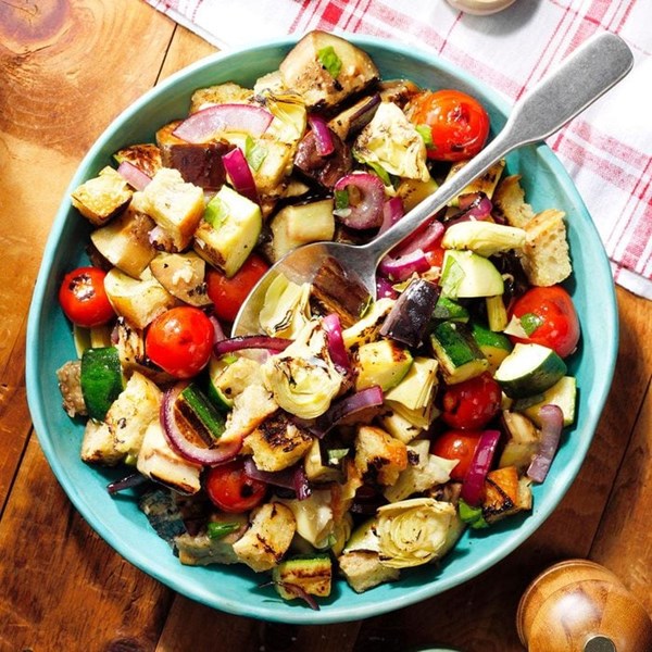 Summer harvest grilled panzanella salad