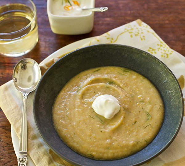 Summer harvest soup with chilled dill yogurt
