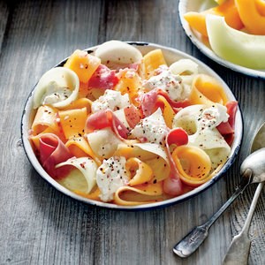 Summer melon and ham salad with burrata and chile