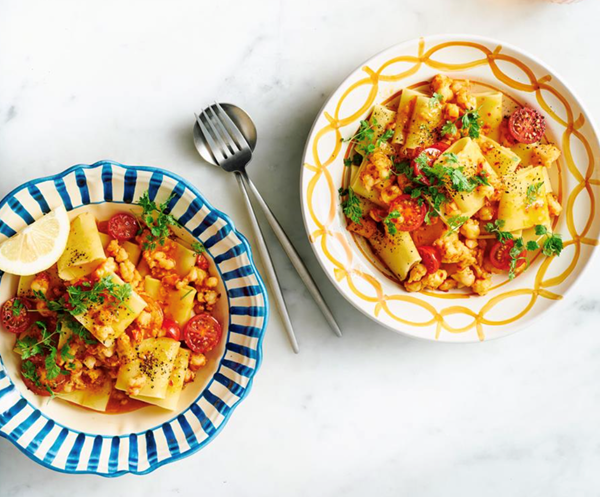 Summer paccheri with prawns, tomato and pickled chilli