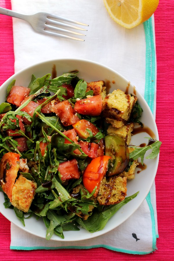 Summer panzanella with watermelon, pesto cornbread, and feta