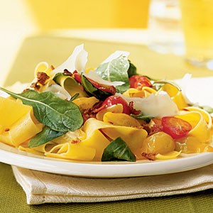 Summer pappardelle with tomatoes, arugula, and Parmesan