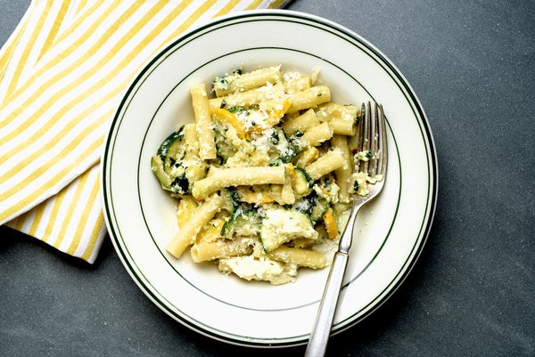 Summer pasta with zucchini, ricotta and basil
