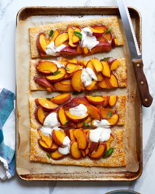 Summer peach and tahini tart