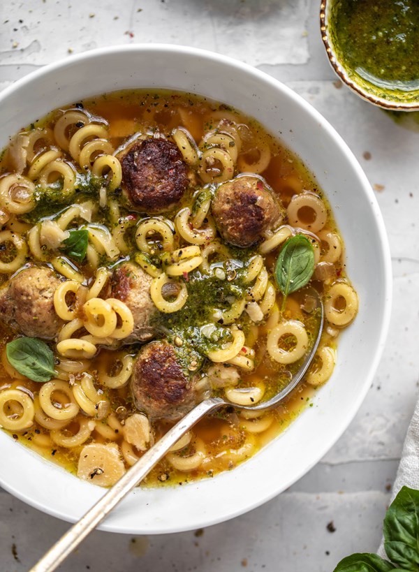Summer pesto mini meatball soup