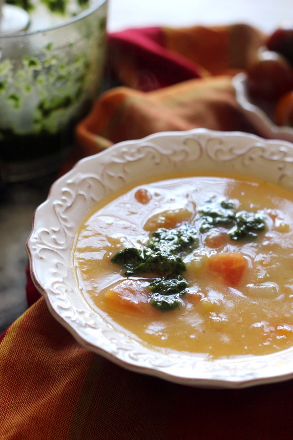 Summer potato soup with tomatoes and basil
