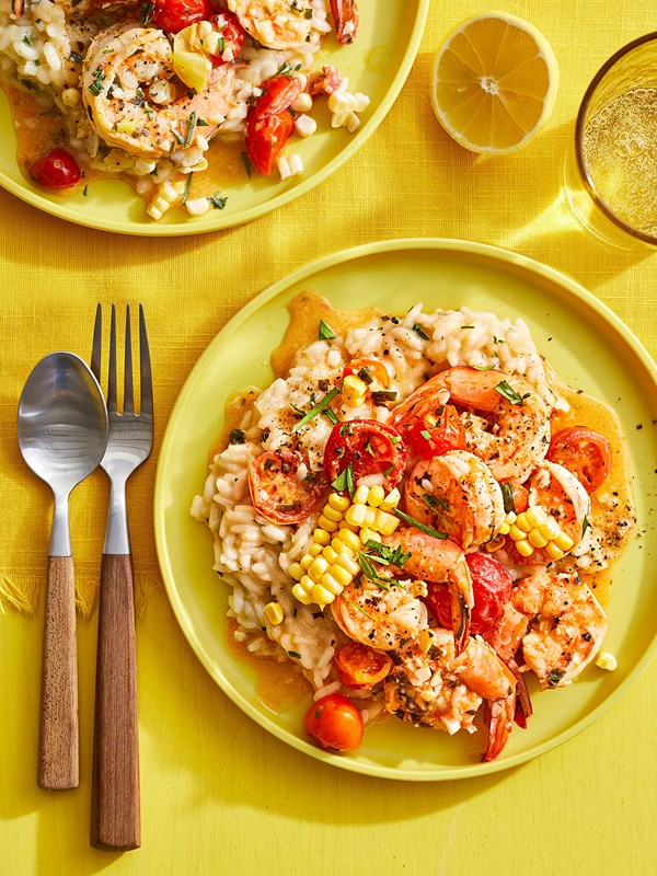 Summer risotto with corn butter and shrimp