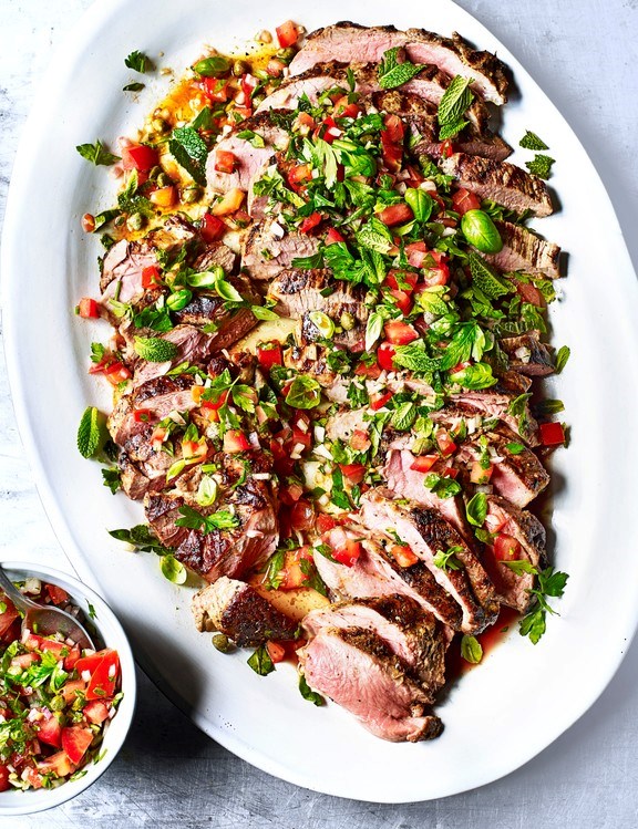 Summer roast lamb with tomato and caper marinade