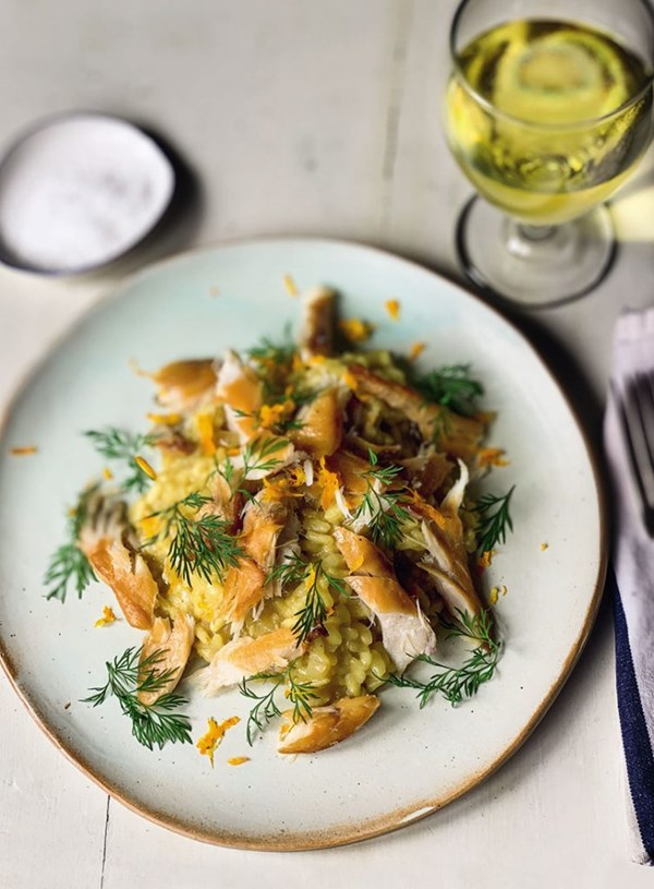 Summer saffron risotto with smoked kahawai, lemon and dill