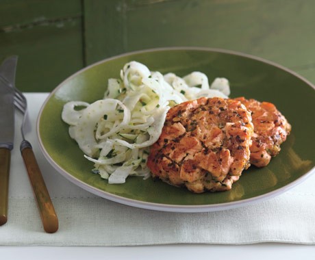 Summer salmon cakes with zucchini fennel slaw