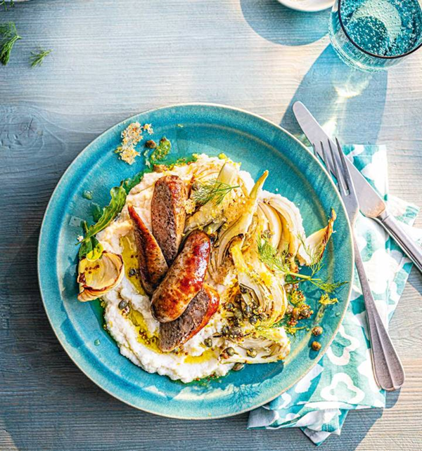 Summer sausage and bean mash with cheesy fennel